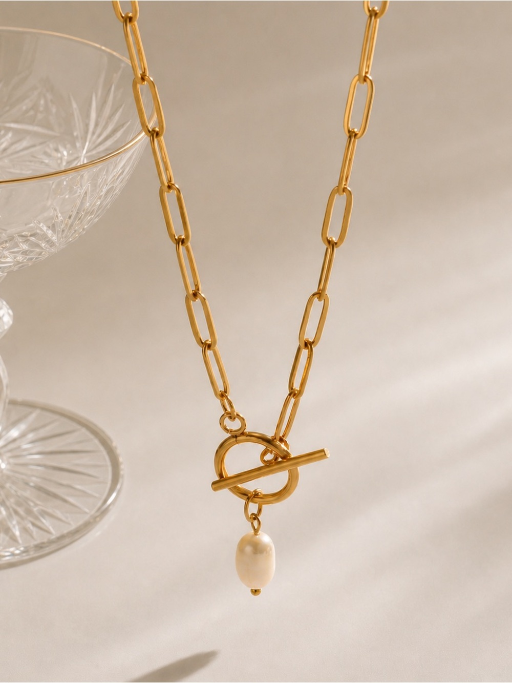 Gold Toggle Chain Necklace with Pearl Pendant - Women Jewelry